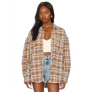 Free People We The Free Happy Hour Oversized Flannel Shirt LG Tan Button Front